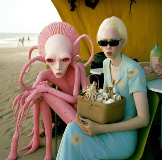 Alien rosa y mujer con lentes en la playa
