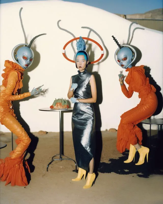 Editorial de moda con aliens naranjas