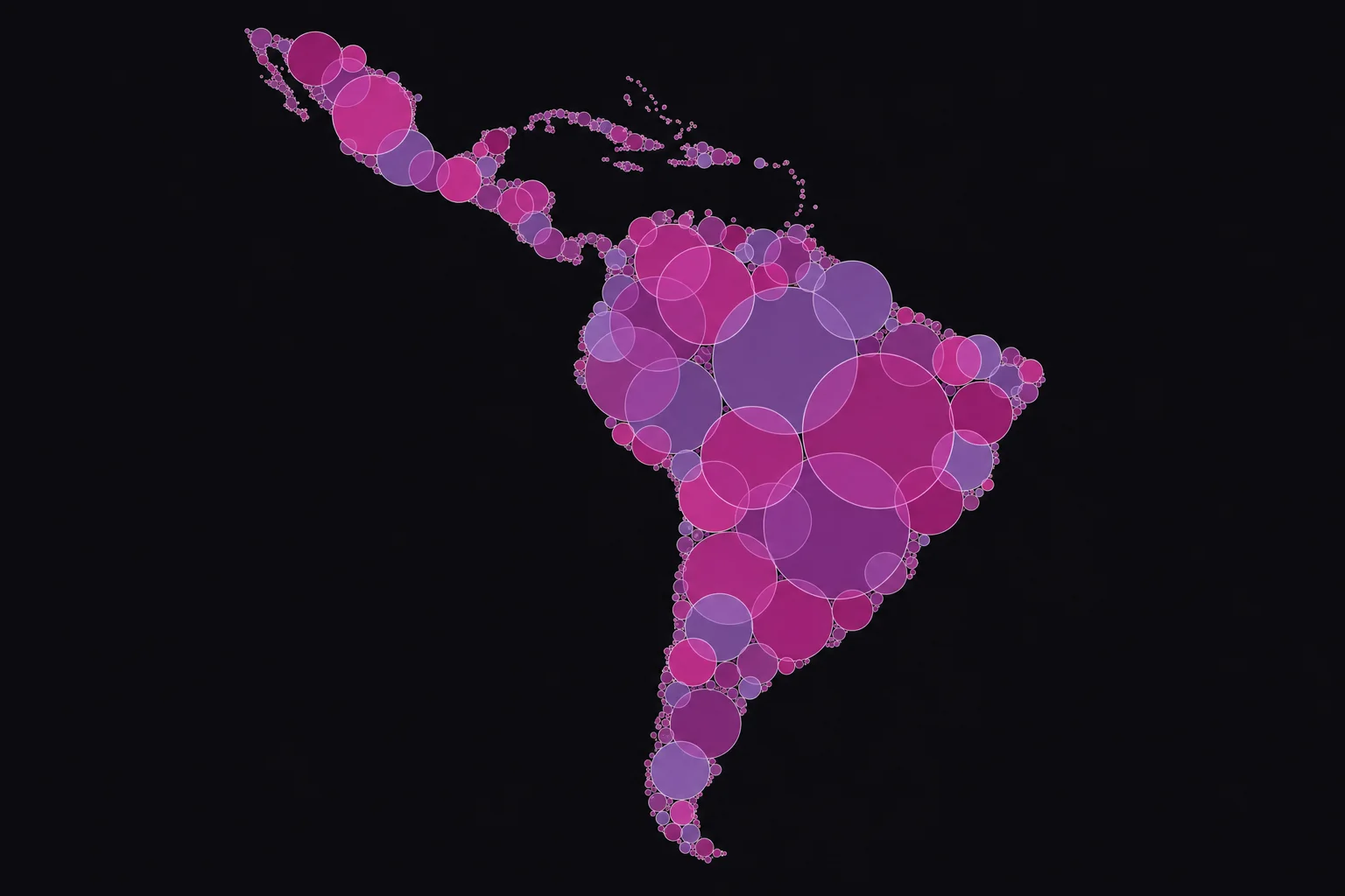 México y Latinoamérica dibujados con círculos proporcionales magenta y lila