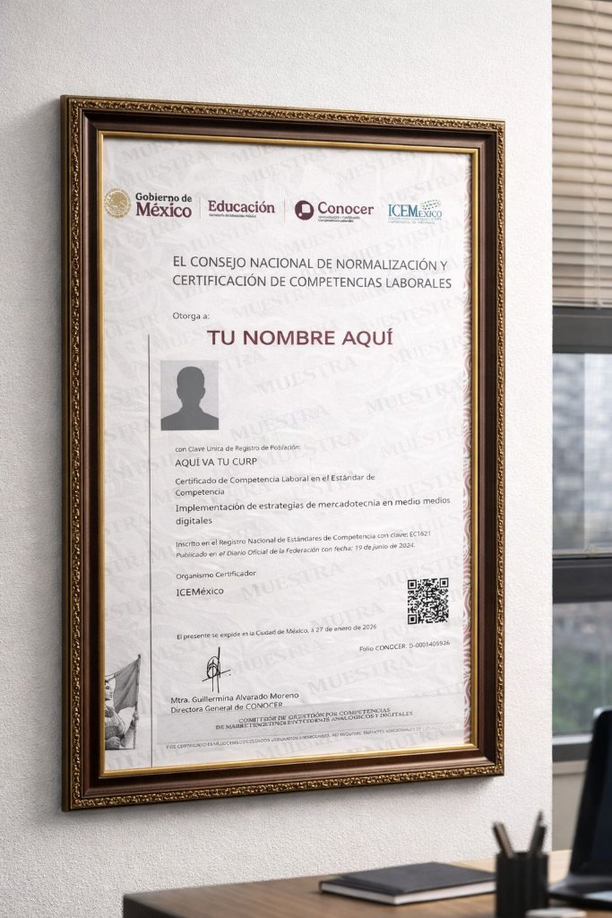 Certificado oficial SEP–CONOCER EC1621 enmarcado