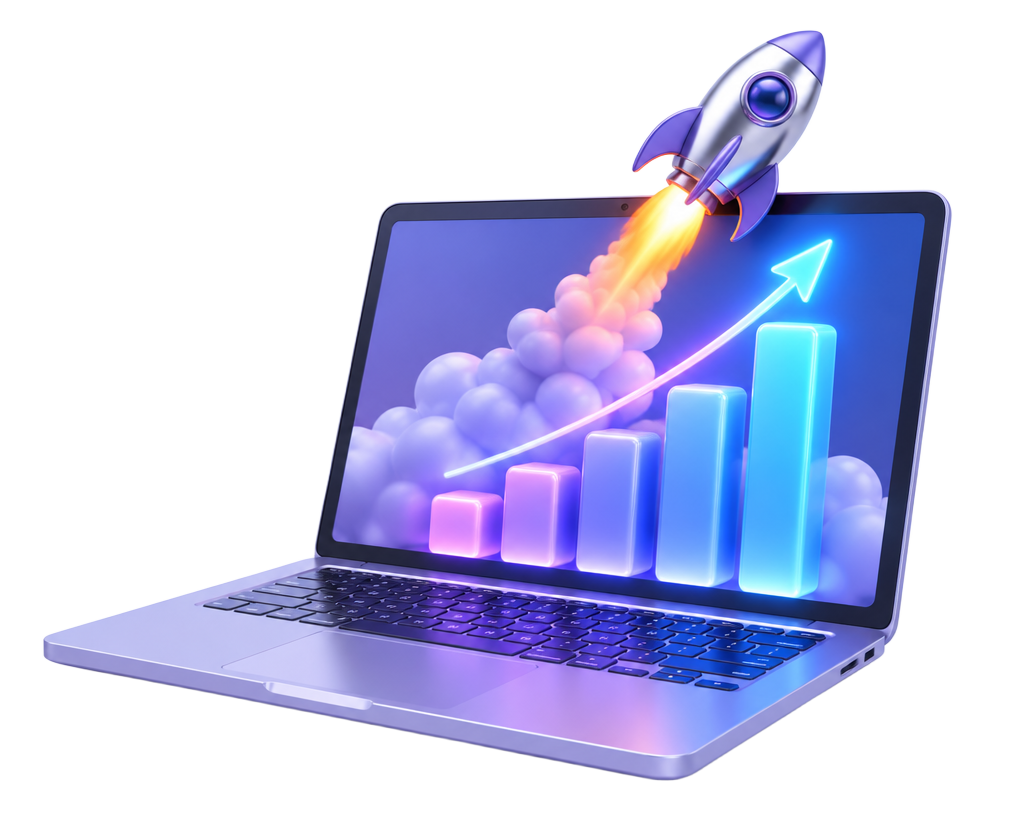 Laptop con gráfica de crecimiento y cohete despegando
